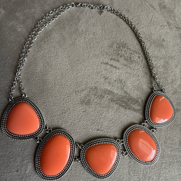 Jewelry - Women’s Silver Chain Necklace with Coral Orange Resin Stones - Unbranded
